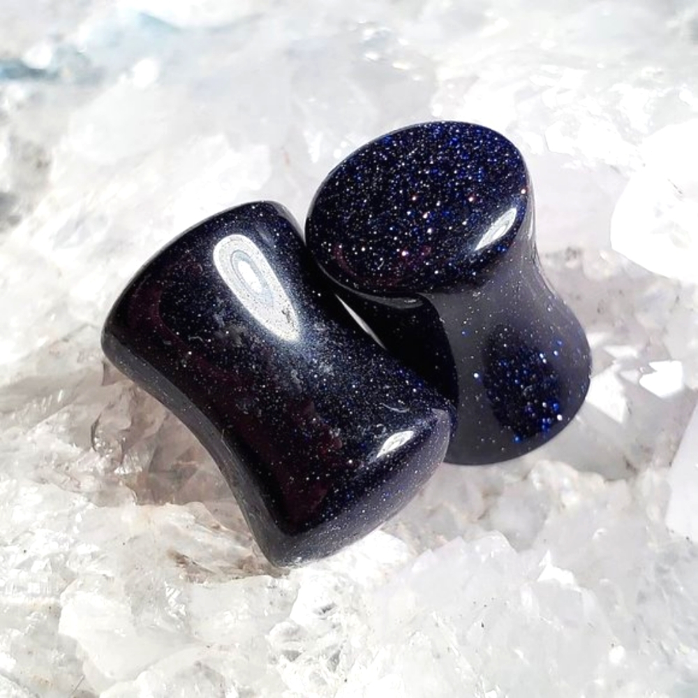 Blue Goldstone - Genuine Stone Double Flared Plug Earrings